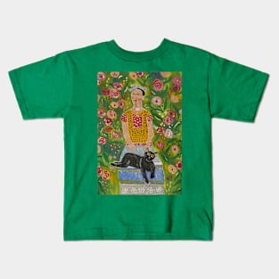 Frida Kahlo and Her Black Cat among Roses Kids T-Shirt